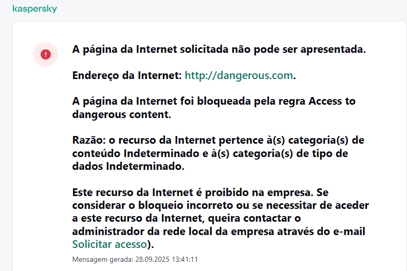 Notificação sobre a visita a um site bloqueado pelo Controlo de Internet. O utilizador pode criar um pedido para aceder ao recurso da web.