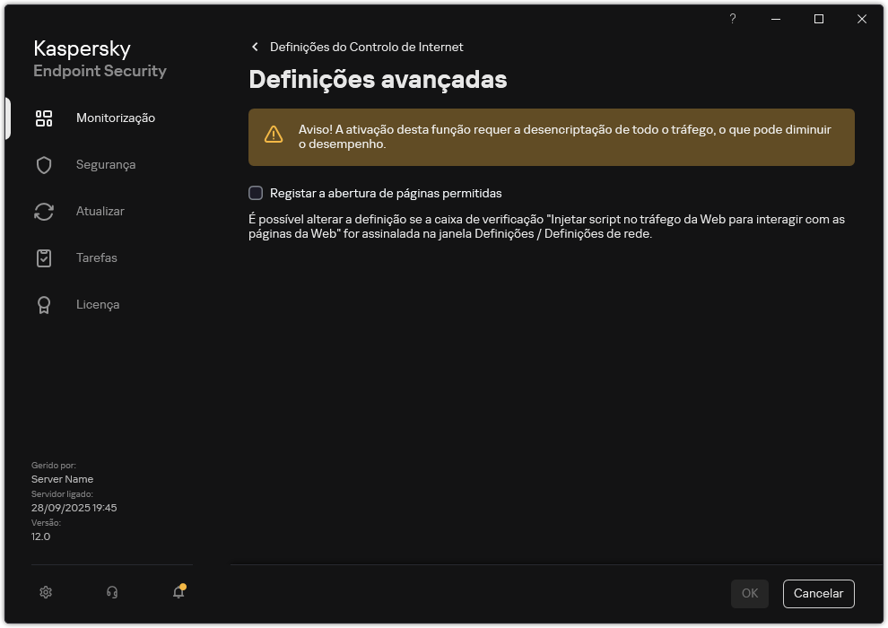 Janela de definições avançadas do Controlo de Internet.