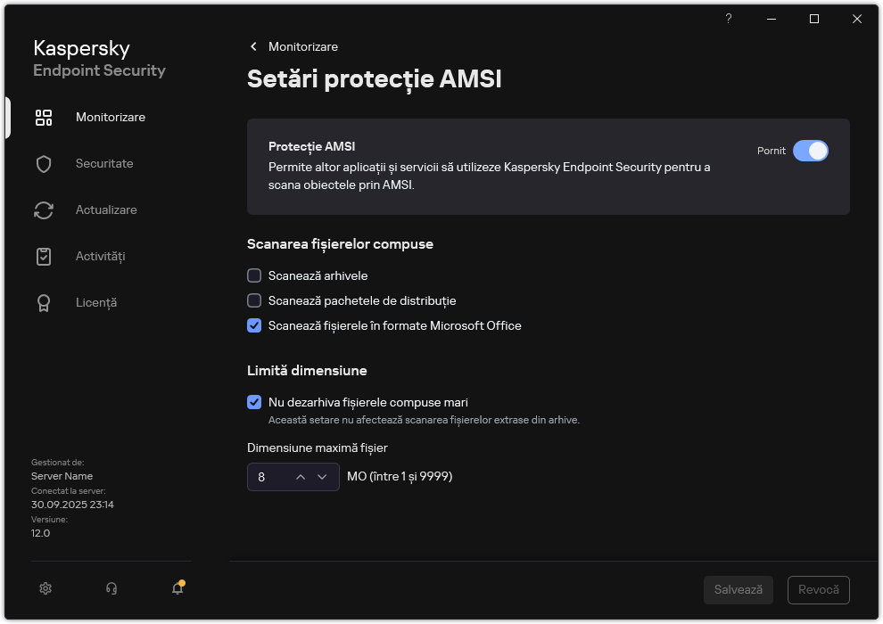 Fereastra de setări Protecție AMSI.