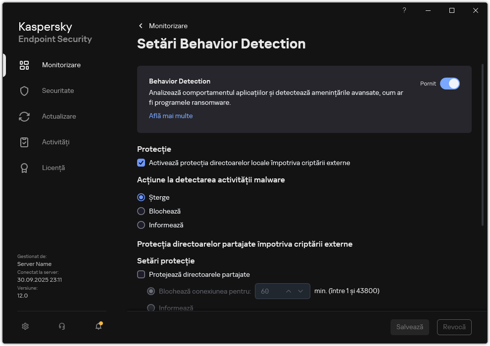 Fereastra de setări Behavior Detection.