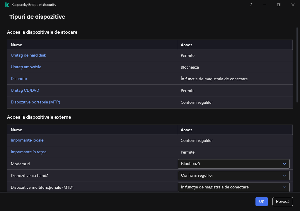 Fereastra pentru configurarea accesului la dispozitive. Utilizatorul poate configura accesul la dispozitive și poate seta parametri de acces suplimentari, cum ar fi planificarea accesului.