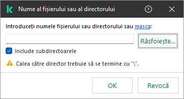 O fereastră cu un câmp pentru introducerea căii către un fișier sau director. Se pot folosi măști. Utilizatorul poate selecta un fișier folosind managerul de fișiere.