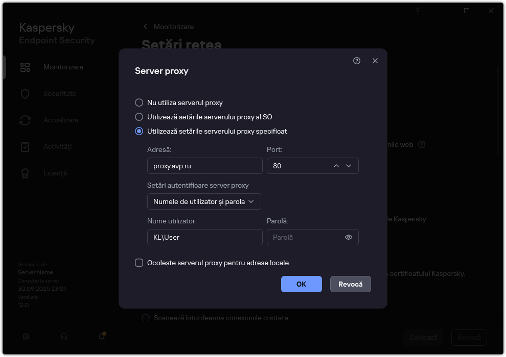 Fereastra pentru configurarea conexiunii serverului proxy. Utilizatorul poate seta adresa serverului proxy și acreditările pentru conectarea la serverul proxy.