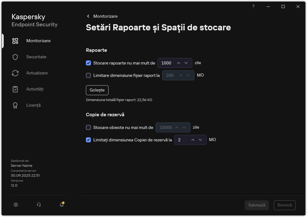 Fereastra pentru Setări Rapoarte și Spații de stocare. Utilizatorul poate seta dimensiunea și limita timpul de stocare a rapoartelor și obiectelor din depozit.