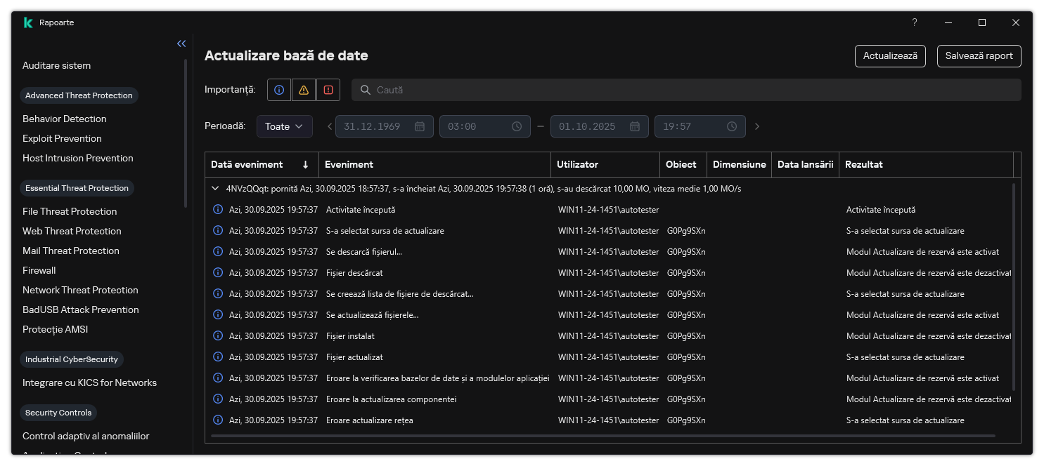 O fereastră cu lista de evenimente din raport. Utilizatorul poate filtra/sorta evenimente și poate salva rapoarte într-un fișier.