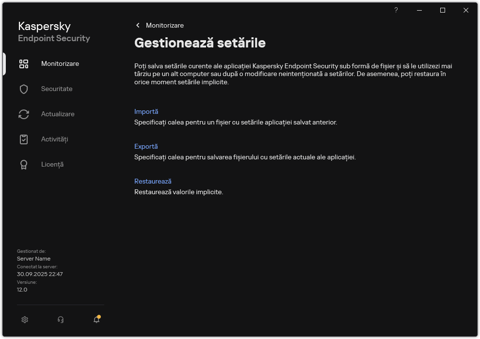 Fereastra cu setările excluderilor. Utilizatorul poate exporta, importa sau restaura setările aplicației.