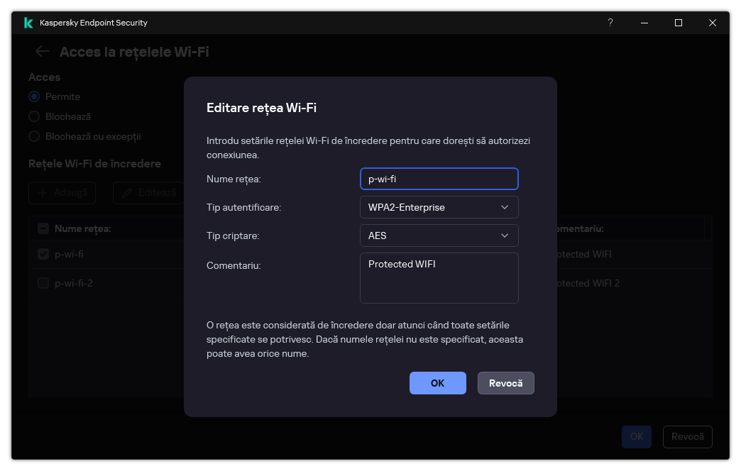 Fereastra conține setările rețelei Wi-Fi de încredere.