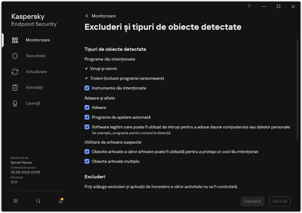 Fereastra cu setările excluderilor. Utilizatorul poate selecta tipuri de obiecte detectate și poate adăuga obiecte la excluderi.