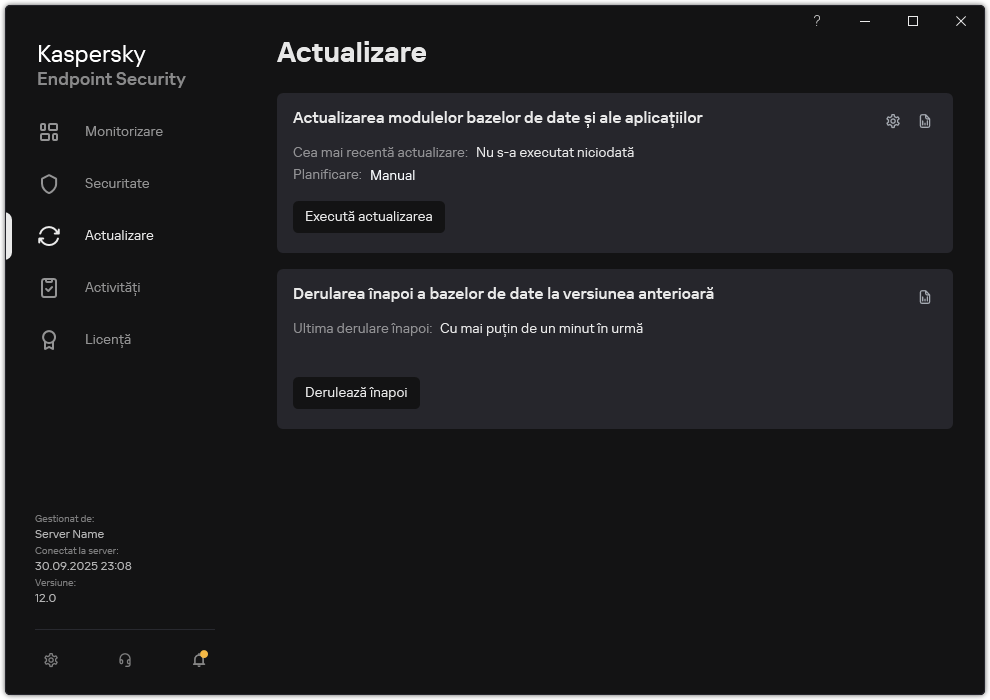 O fereastră cu lista activități de actualizare locale. Utilizatorul poate începe actualizarea modulelor bazelor de date și ale aplicațiilor, precum și derularea înapoi a ultimei actualizări.
