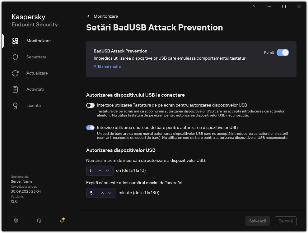 Fereastra de setări BadUSB Attack Prevention.