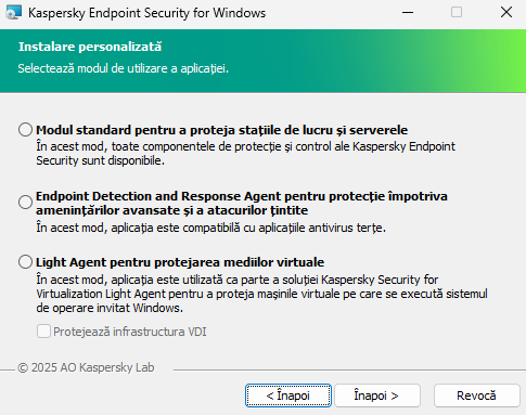 Fereastra programului de instalare cu configurarea aplicației: funcționalitate completă sau Endpoint Detection and Response Agent.