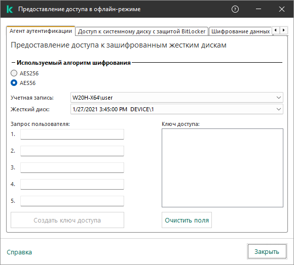 Окно с полями для ввода содержания запроса и полем для сгенерированного ключа доступа к зашифрованному диску.