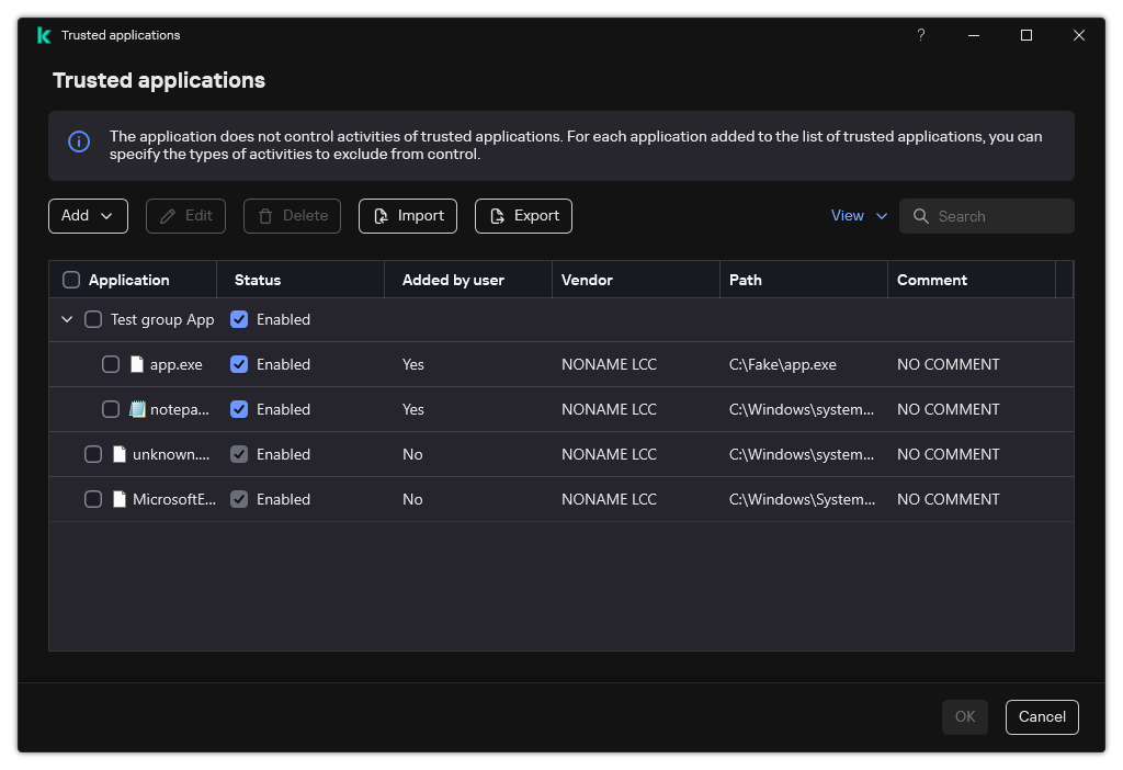 A window with the list of trusted applications. The user can add, edit or remove a trusted application.