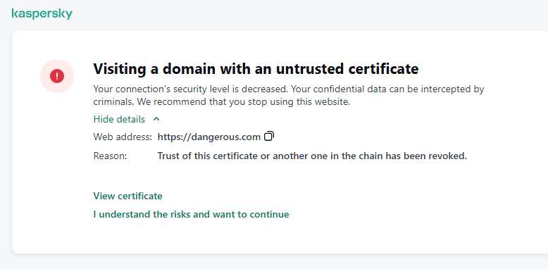 Kaspersky notification about visiting a domain with an untrusted certificate in the browser window. The user can continue working.