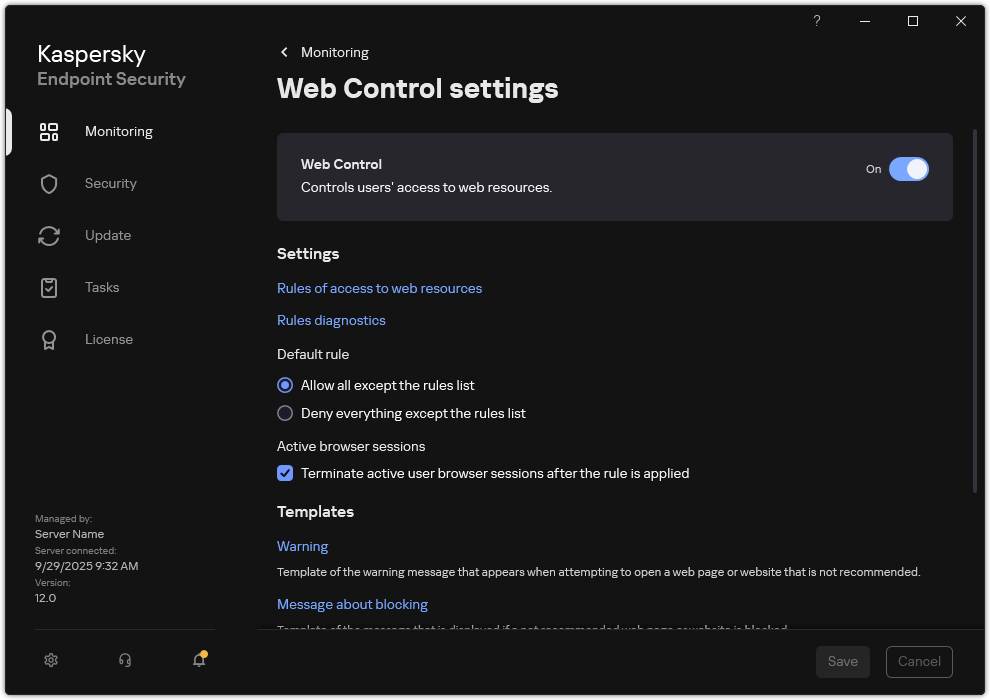 Web Control settings window.
