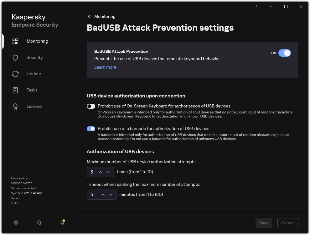 BadUSB Attack Prevention settings window.