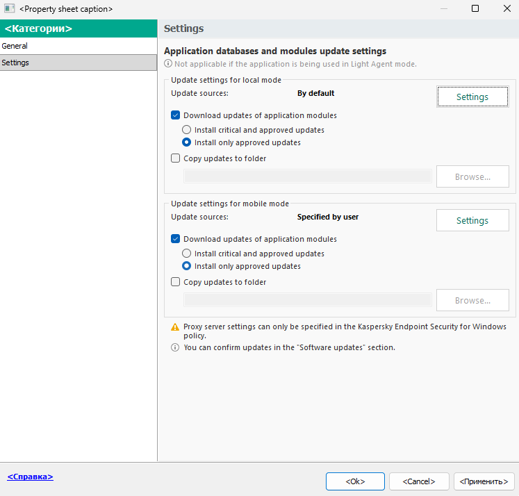 The Update task settings window. The user can configure the update in local and mobile modes.