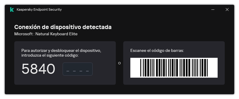 La ventana contiene un código de barras para la autorización del escáner. El usuario puede escanear el código de barras o introducir el código de forma manual.