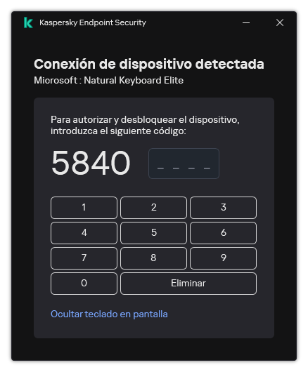 La ventana con el código de autorización del teclado y el teclado en pantalla. El usuario puede introducir el código.