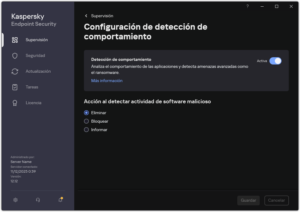 Ventana Configuración de detección de comportamiento.