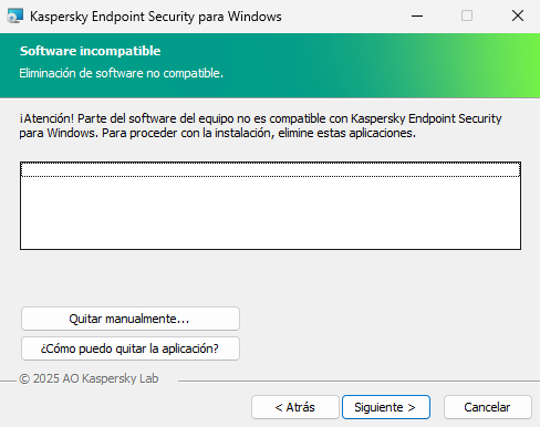 Ventana del instalador con una lista de software incompatible. El usuario puede iniciar la eliminación del software incompatible.