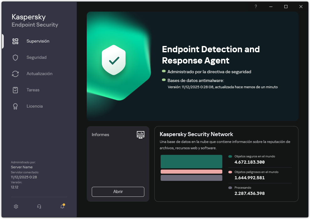 Ventana principal de la aplicación en modo Endpoint Detection and Response Agent.