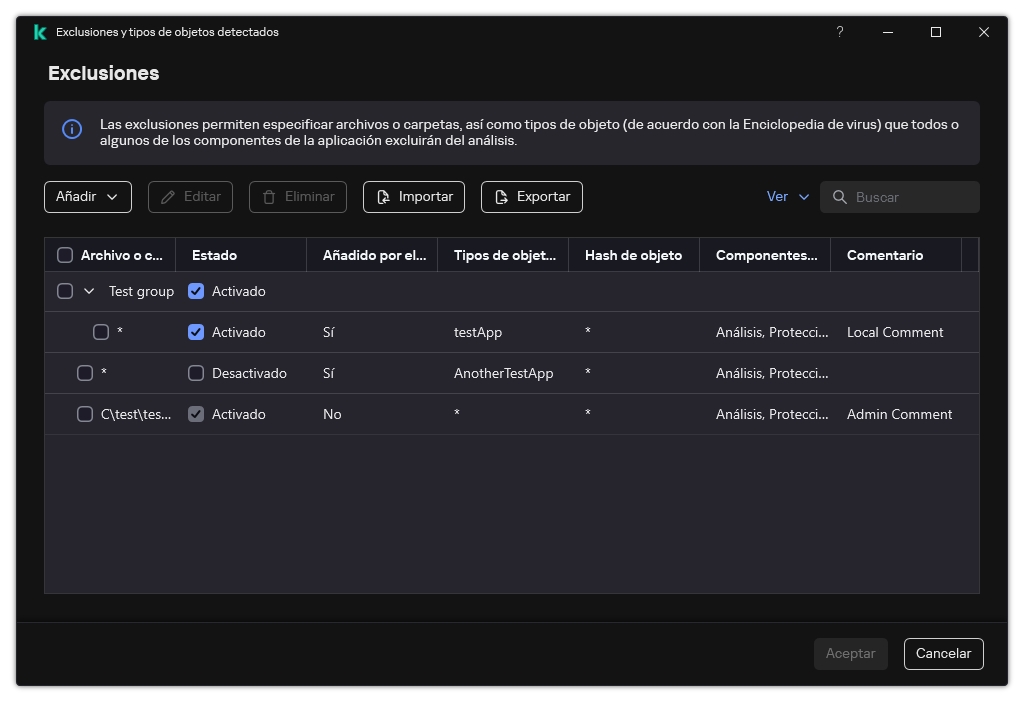 Una ventana con la lista de exclusiones. Se muestran las propiedades de exclusión. El usuario puede añadir, editar o eliminar exclusiones.