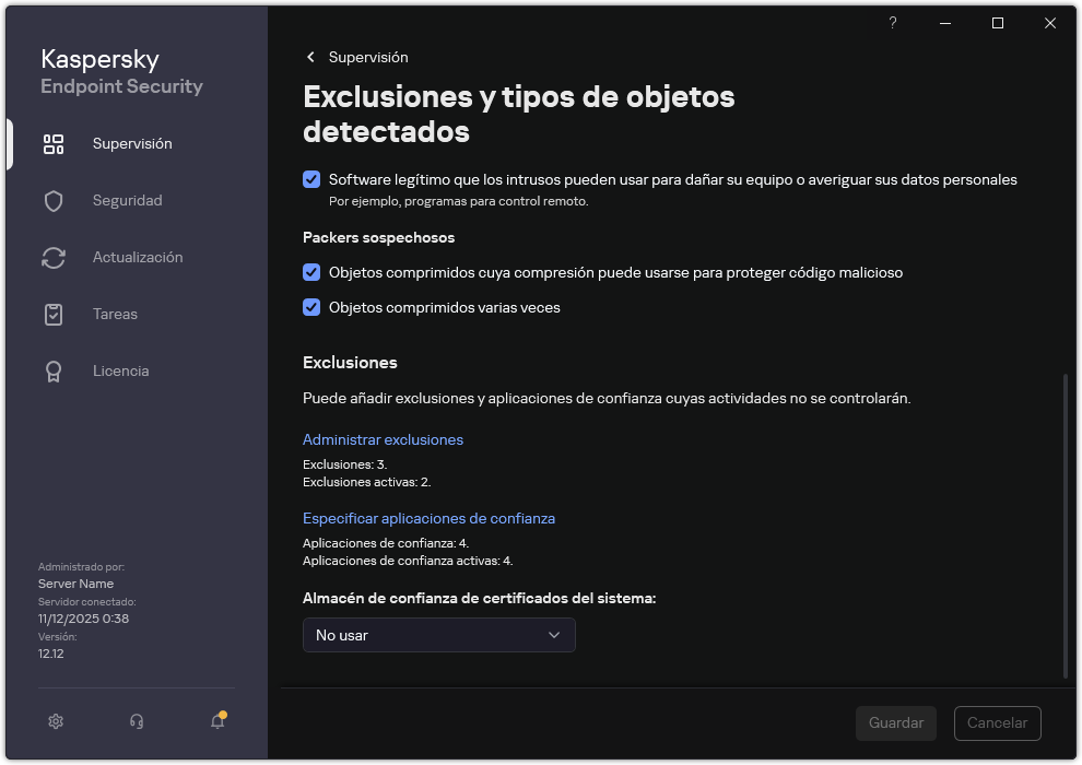 Ventana de configuración de exclusiones. El usuario puede añadir exclusiones y aplicaciones de confianza.