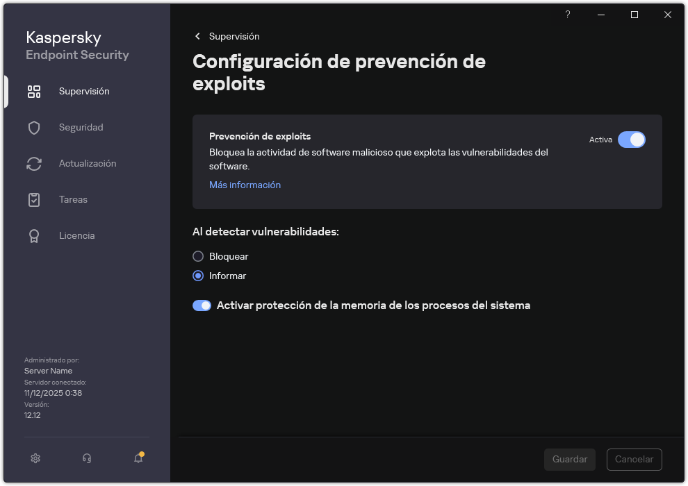 Ventana Configuración de Prevención de exploits
