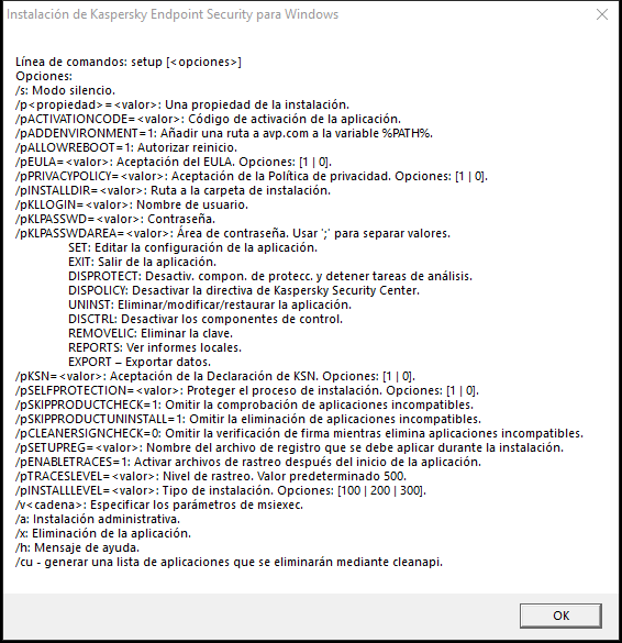 Ventana de información sobre la herramienta que describe las opciones de comando para instalar la aplicación a través de CMD.