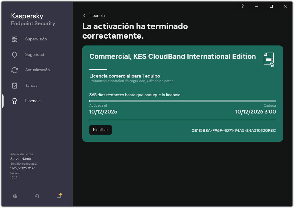 La ventana contiene información sobre la licencia: fecha de caducidad, funciones disponibles y otra información.