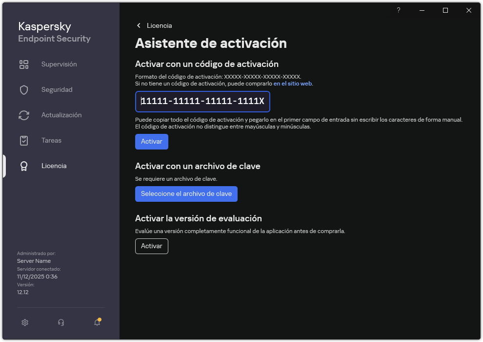 Ventana con las herramientas de activación de la aplicación. El usuario puede introducir un código de activación o seleccionar un archivo clave.