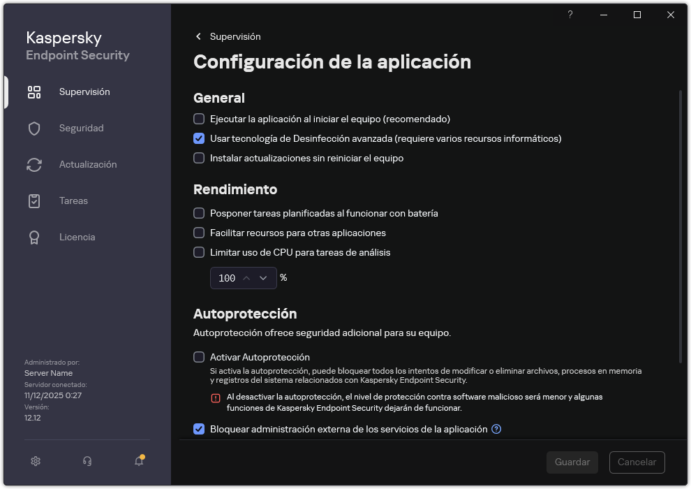 Ventana Configuración de la aplicación. El usuario puede configurar el rendimiento, la autodefensa y otros ajustes.