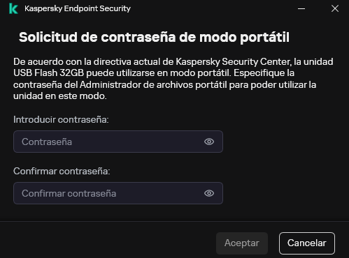 La ventana contiene campos para introducir y confirmar la contraseña.