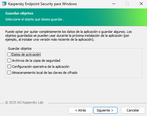 Ventana del instalador con una lista de objetos que se pueden guardar después de eliminar la aplicación.