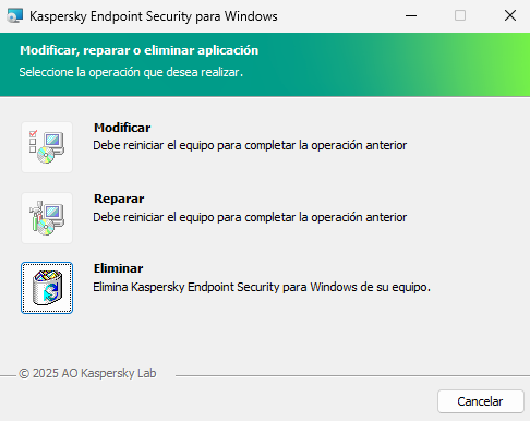 Ventana del instalador con una lista de operaciones: cambiar el conjunto de componentes, reparar la aplicación, eliminar la aplicación.