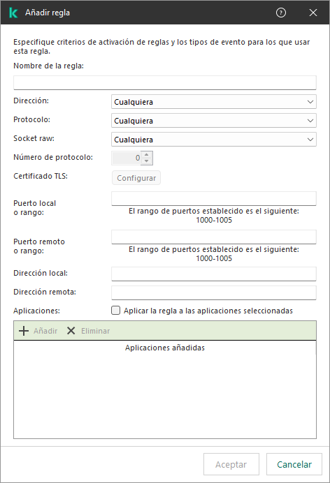 Ventana de reglas de exclusión de telemetría de EDR. El usuario puede especificar los criterios de activación de la regla.