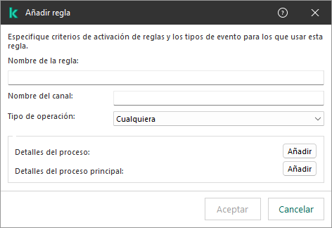 Ventana de reglas de exclusión de telemetría de EDR. El usuario puede especificar los criterios de activación de la regla.