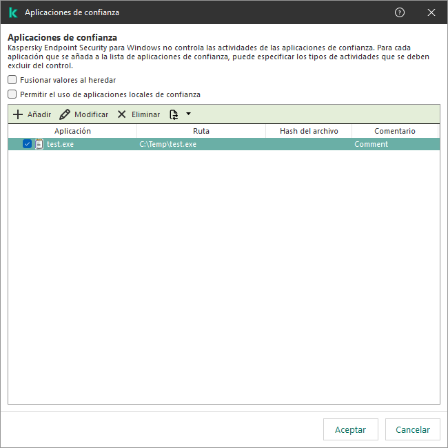 Una ventana con la lista de aplicaciones de confianza. El usuario puede agregar, editar o eliminar una aplicación de confianza.