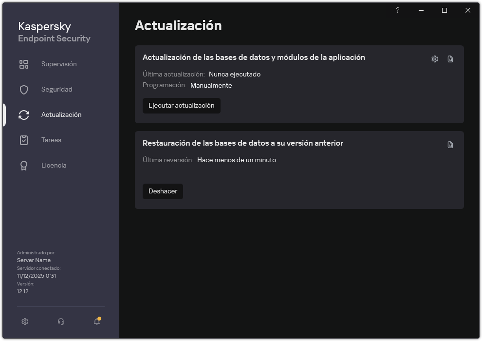 Una ventana con la lista de tareas de actualización locales. El usuario puede iniciar y revertir la actualización.