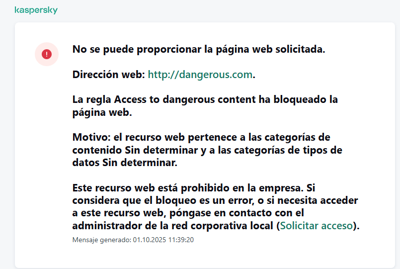 Notificación sobre el bloqueo del acceso a la página web en la ventana del navegador. El usuario puede crear una solicitud para acceder al recurso web.
