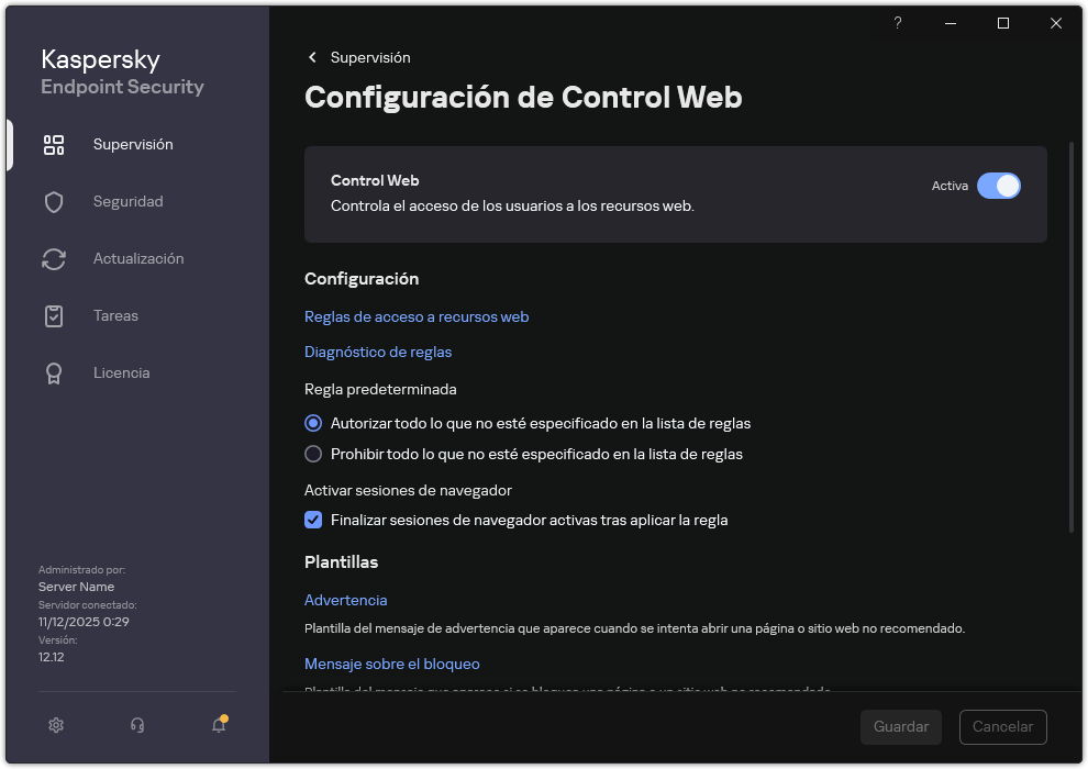Ventana de configuración de Control Web.