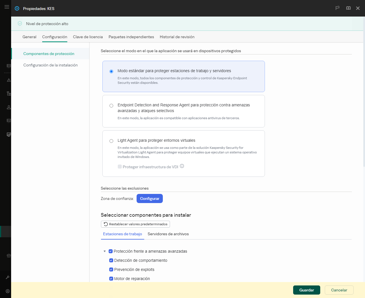 Ventana de propiedades del paquete de instalación. Puede seleccionar qué componentes de la aplicación desea incluir.