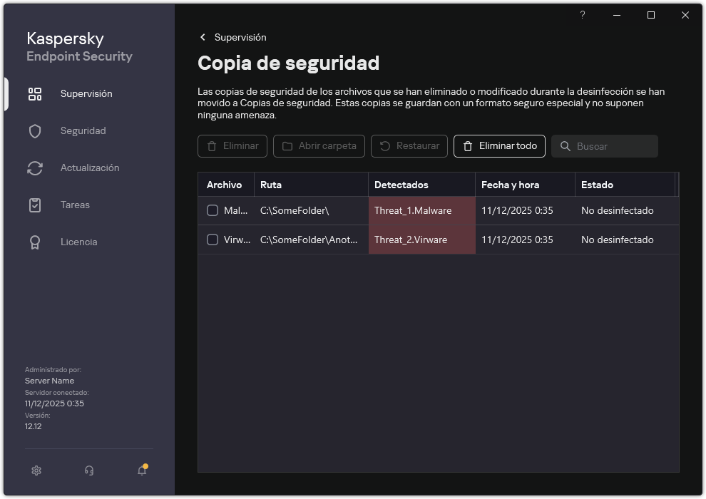 Ventana de copia de seguridad. El usuario puede desinstalar o restaurar objetos desde la Copia de seguridad.