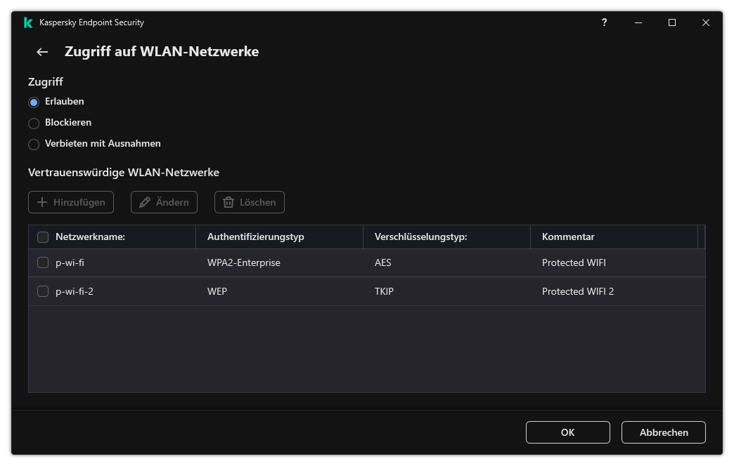 Fenster mit einer Liste der WLAN-Netzwerke. Der Benutzer kann den Zugriff auf alle WLAN-Netzwerke konfigurieren und vertrauenswürdige WLAN-Netzwerke hinzufügen.