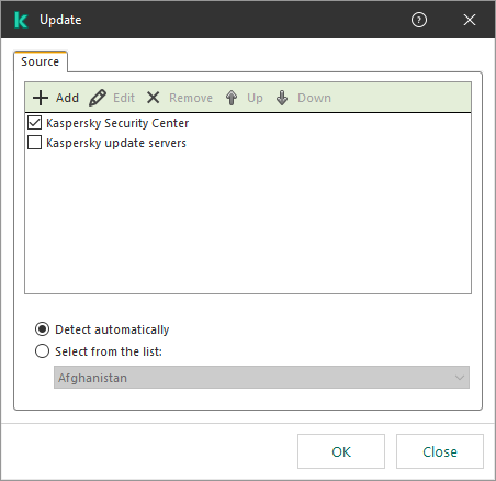 A window with the list of update sources. The user can add update sources and assign a priority to the source.