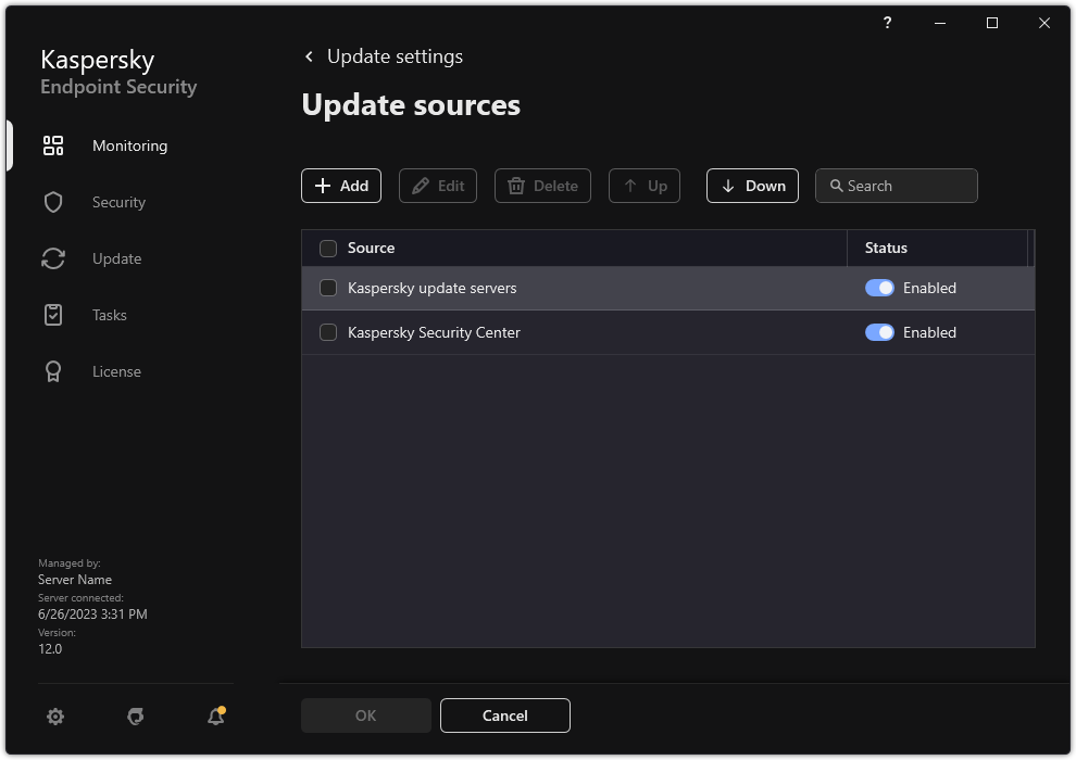 A window with the list of update sources. The user can add update sources and assign a priority to the source.