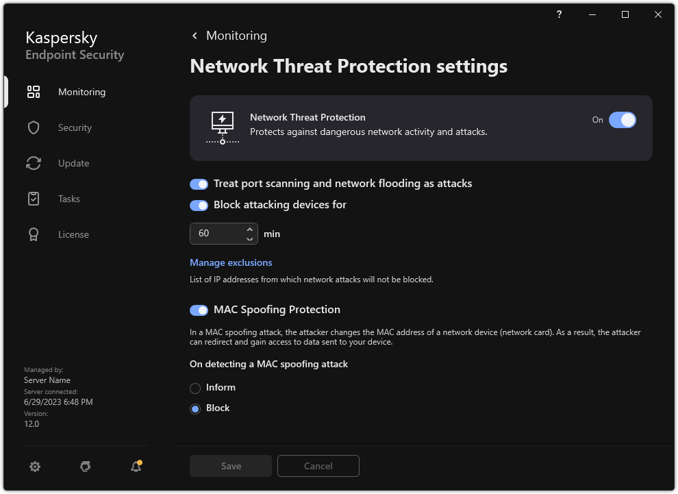 Network Threat Protection settings window