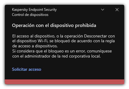 Notificación sobre una conexión Wi-Fi bloqueada. El usuario puede crear una solicitud para conectarse a la red Wi-Fi.