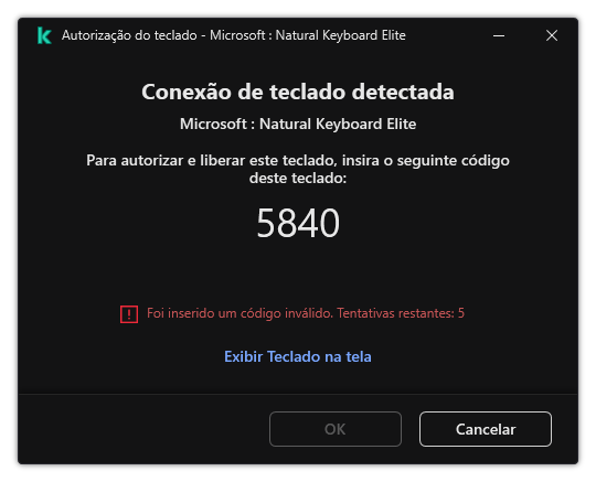A janela com o código de autorização do teclado. O usuário pode ativar o teclado na tela e inserir o código.